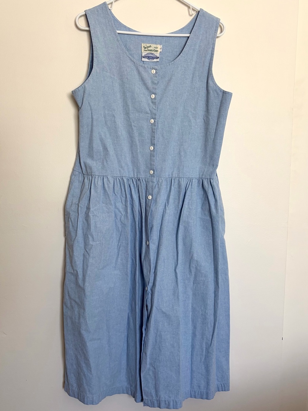 Light Blue Cotton Sleeveless Button-Front Midi Dress